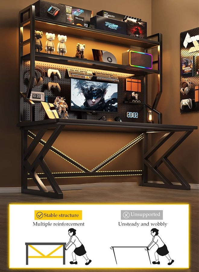 Spides Double K Shaped Computer Desk Multifunctional Gaming Desk with Storage Shelves and Pegboard Ergonomic PC Desktop Computer Gaming Table with 2 Tier Sturdy Metal Frame Large Study Writing Workstation Table for Home Office,Study, Work - Image 2