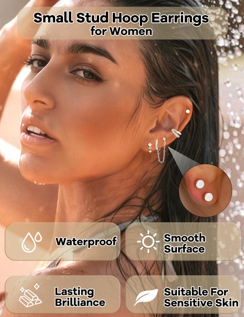 MILACOLATO 6 Pairs Silver Earrings Stacks for Women Trendy Dainty 14K Gold Plated Small Stud Huggie Hoop Earring Sets for Multiple Piercing Hypoallergenic Flat Back Cartilage Earrings for Sensitive Ears SD - Image 3