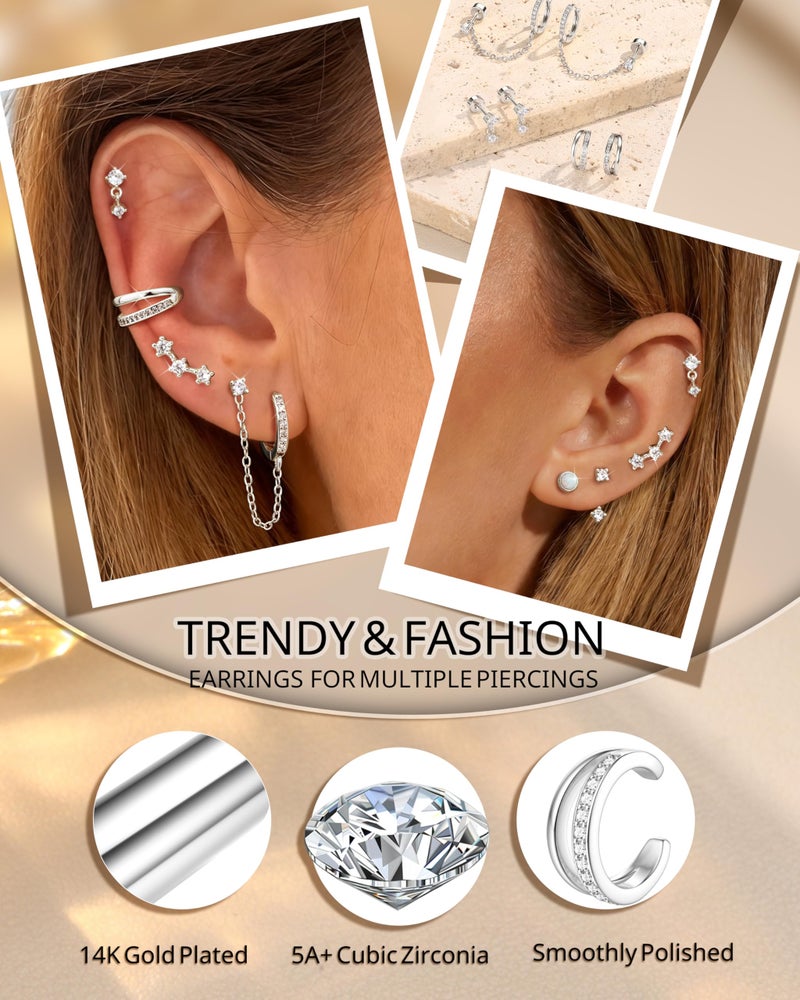 MILACOLATO 6 Pairs Silver Earrings Stacks for Women Trendy Dainty 14K Gold Plated Small Stud Huggie Hoop Earring Sets for Multiple Piercing Hypoallergenic Flat Back Cartilage Earrings for Sensitive Ears SD - Image 4