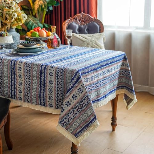SUTAVIA Cotton Linen Tablecloth with Exquisite Floral Lace Tassel Dust-Proof Rustic Rectangular Tablecloths for Dining Table Home Decor Holiday Party Buffet (Vintage Blue, Rectangular, 60"x104") - Image 1