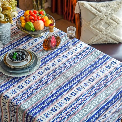 SUTAVIA Cotton Linen Tablecloth with Exquisite Floral Lace Tassel Dust-Proof Rustic Rectangular Tablecloths for Dining Table Home Decor Holiday Party Buffet (Vintage Blue, Rectangular, 60"x104") - Image 3