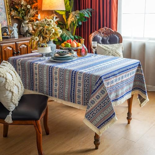 SUTAVIA Cotton Linen Tablecloth with Exquisite Floral Lace Tassel Dust-Proof Rustic Rectangular Tablecloths for Dining Table Home Decor Holiday Party Buffet (Vintage Blue, Rectangular, 60"x104") - Image 2