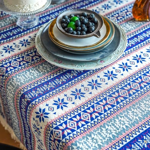 SUTAVIA Cotton Linen Tablecloth with Exquisite Floral Lace Tassel Dust-Proof Rustic Rectangular Tablecloths for Dining Table Home Decor Holiday Party Buffet (Vintage Blue, Rectangular, 60"x104") - Image 4