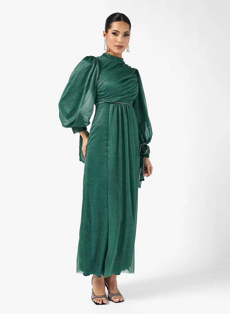 Khizana Ruched Dress With Puff Sleeves