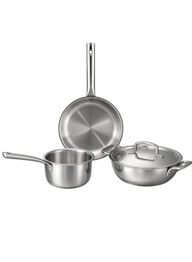 Noon East 4 piece Triply Stainless Steel Cookware Set, Kadai (24cm, 3.3l), Frypan (24cm, 2.2L) with Common Lid, Saucepan (16 cm, 1.6L) | Induction, Oven Friendly, Full Body Triple Layer : Steel, Aluminium, Steel Body - Image 1