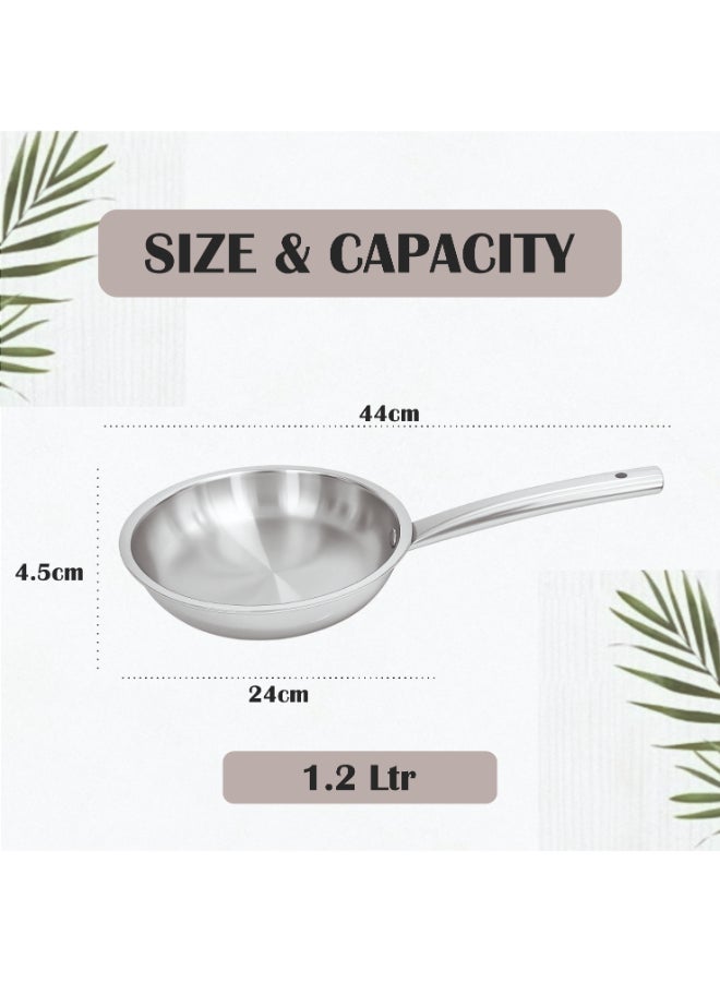 Noon East 4 piece Triply Stainless Steel Cookware Set, Kadai (24cm, 3.3l), Frypan (24cm, 2.2L) with Common Lid, Saucepan (16 cm, 1.6L) | Induction, Oven Friendly, Full Body Triple Layer : Steel, Aluminium, Steel Body - Image 5