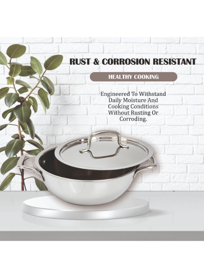 Noon East 4 piece Triply Stainless Steel Cookware Set, Kadai (24cm, 3.3l), Frypan (24cm, 2.2L) with Common Lid, Saucepan (16 cm, 1.6L) | Induction, Oven Friendly, Full Body Triple Layer : Steel, Aluminium, Steel Body - Image 2