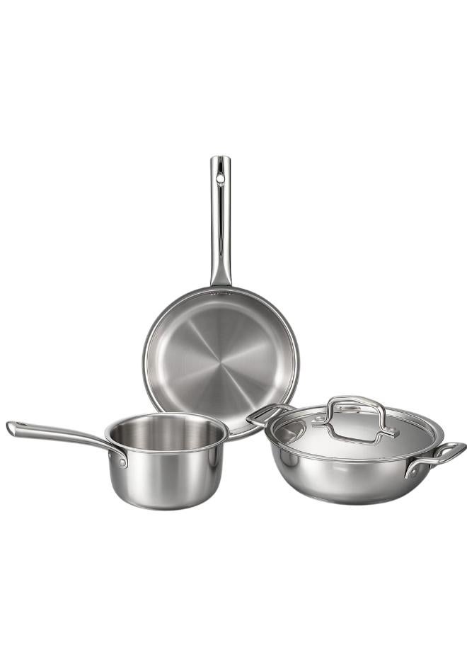 Noon East 4 piece Triply Stainless Steel Cookware Set, Kadai (24cm, 3.3l), Frypan (24cm, 2.2L) with Common Lid, Saucepan (16 cm, 1.6L) | Induction, Oven Friendly, Full Body Triple Layer : Steel, Aluminium, Steel Body - Image 1