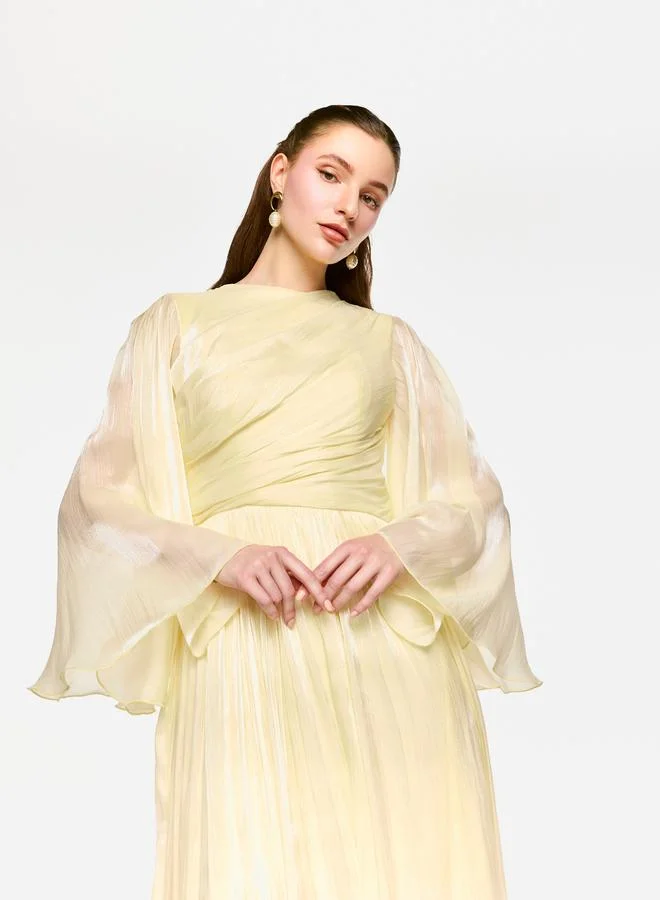 House of Moda House of Moda Sheer Cape Sleeves Shimmer Pleated Maxi Dress
