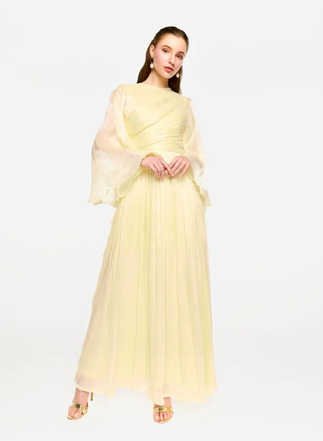 House of Moda House of Moda Sheer Cape Sleeves Shimmer Pleated Maxi Dress