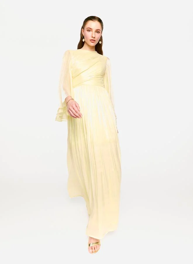 House of Moda House of Moda Sheer Cape Sleeves Shimmer Pleated Maxi Dress