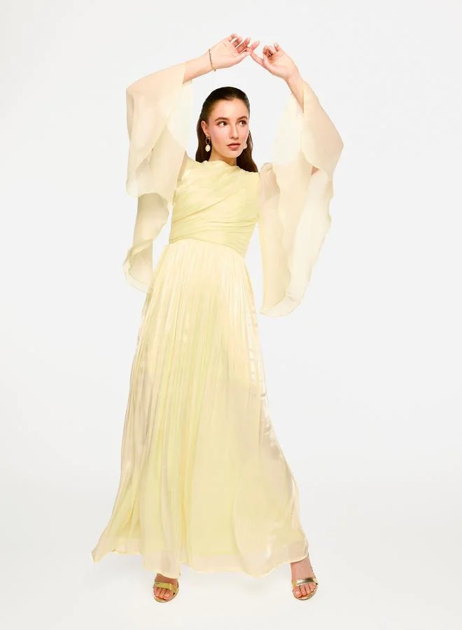 House of Moda House of Moda Sheer Cape Sleeves Shimmer Pleated Maxi Dress