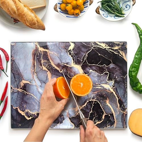 Kitchenville Glass Cutting Board 16x12 Tempered Glass Kitchen Counter Protector Durable ScratchResistant HeatProof Design 8 Grey Gold - Image 1