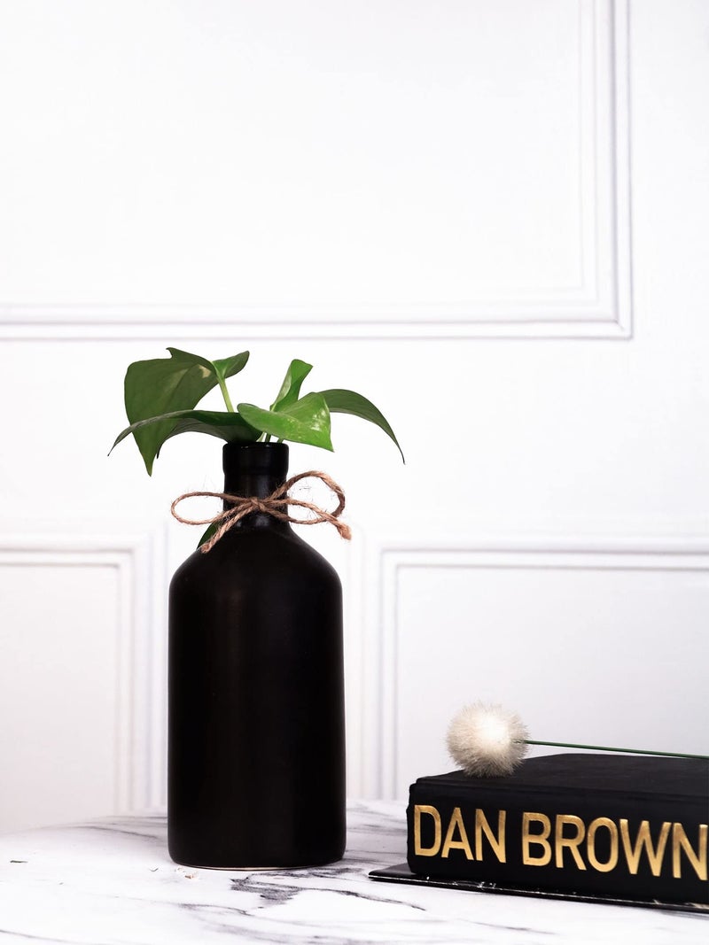 PUREZENTO Black Ceramic Bottle Vase 8 Inch - Pack of 1 | Modern Pampas Vases for Home Decor, Wedding, Dinner Table Centerpiece & Showpiece | Decorative Bottle Vase for Flowers and Pampas Grass - Image 1