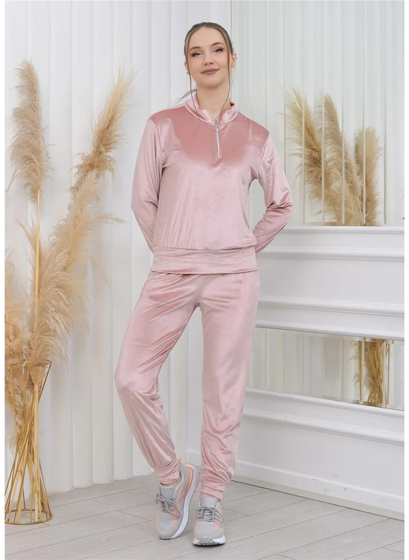 Nuseel Collared Half Zipper Velvet Suit Powder Color