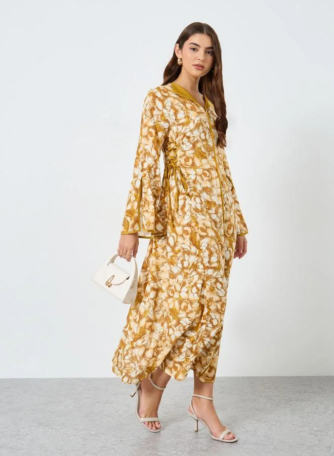 Take Two All-Over Printed V Neck Split Long Sleeve Maxi Dress