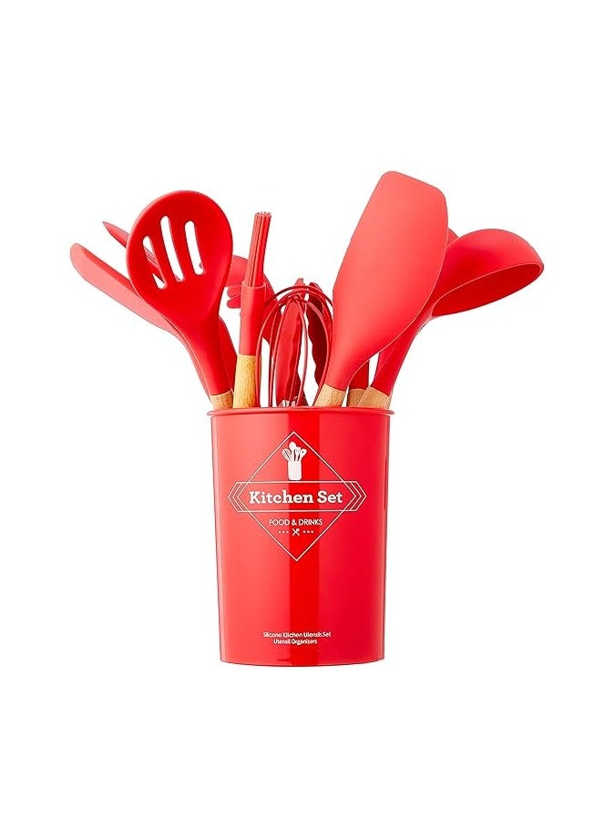Silicone distribution kit for kitchen - red with wooden handles, 11 pieces - Image 1