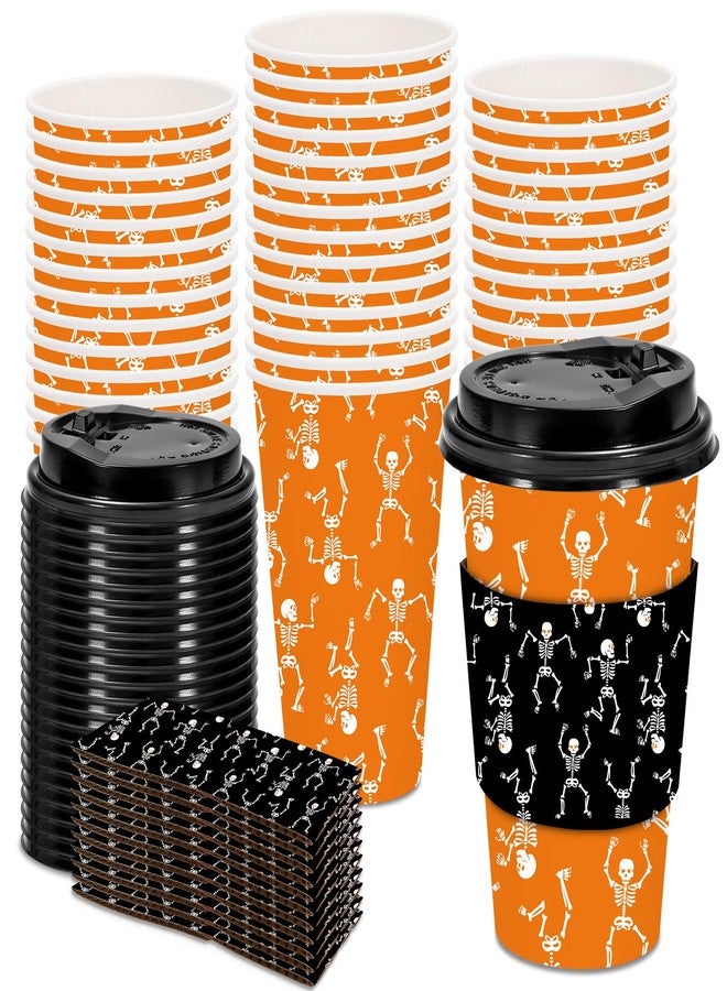 JarThenaAMCS 48 Set Halloween Disposable Coffee Cups with Lids and Sleeves Orange Black Skeleton Paper Drinking Cups for Halloween Party Supplies - Image 1