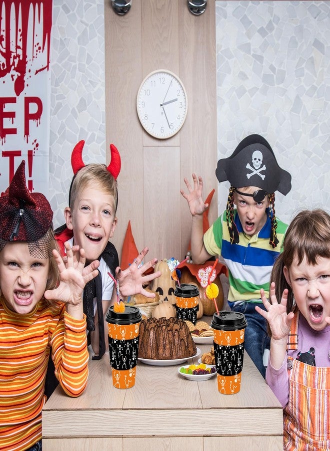 JarThenaAMCS 48 Set Halloween Disposable Coffee Cups with Lids and Sleeves Orange Black Skeleton Paper Drinking Cups for Halloween Party Supplies - Image 4