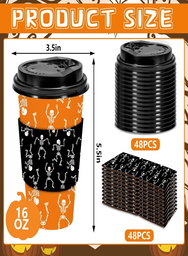 JarThenaAMCS 48 Set Halloween Disposable Coffee Cups with Lids and Sleeves Orange Black Skeleton Paper Drinking Cups for Halloween Party Supplies - Image 2