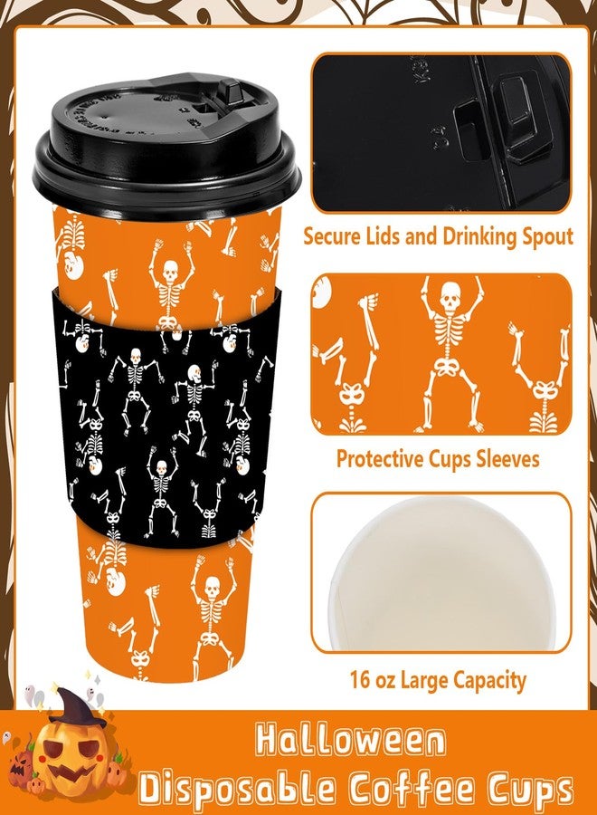 JarThenaAMCS 48 Set Halloween Disposable Coffee Cups with Lids and Sleeves Orange Black Skeleton Paper Drinking Cups for Halloween Party Supplies - Image 3
