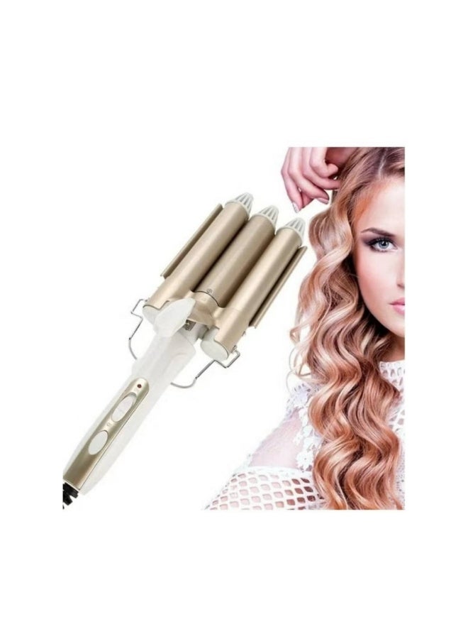 مكواة تجعيد الشعر الجديدة بثلاثة أسطوانات - مكواة تجعيد ثلاثية الأسطوانات من السيراميك والتورمالين، درجة حرارة قابلة للتعديل، جهد مزدوج، 25 مم، مناسبة للنساء والفتيات - Image 1