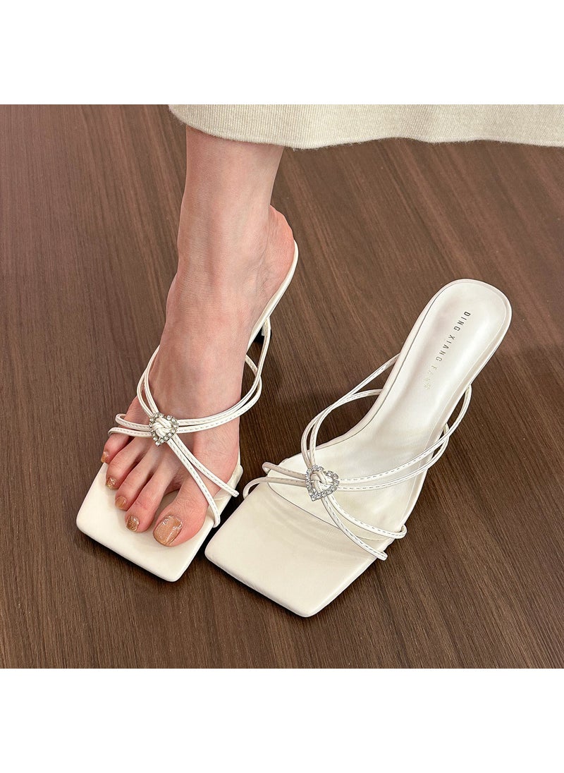 Generic - Naipe Womens French Style White Square Head Fine Strap High Heel Sandals Summer New Arrival One-Row Slippers Microfiber Materia White - Image 1