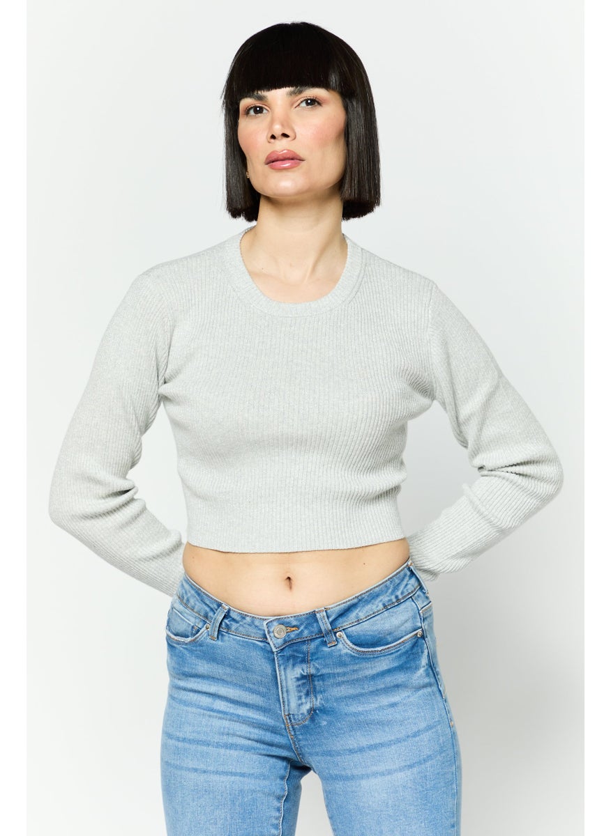 ESPRIT Women Round Neck Ribbed Crop Sweater, Grey  - Image 1