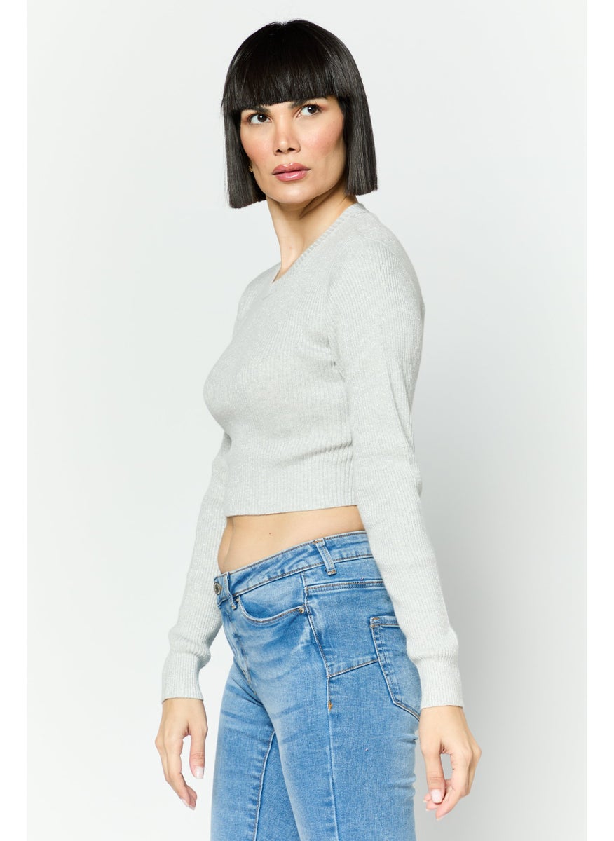 ESPRIT Women Round Neck Ribbed Crop Sweater, Grey  - Image 4