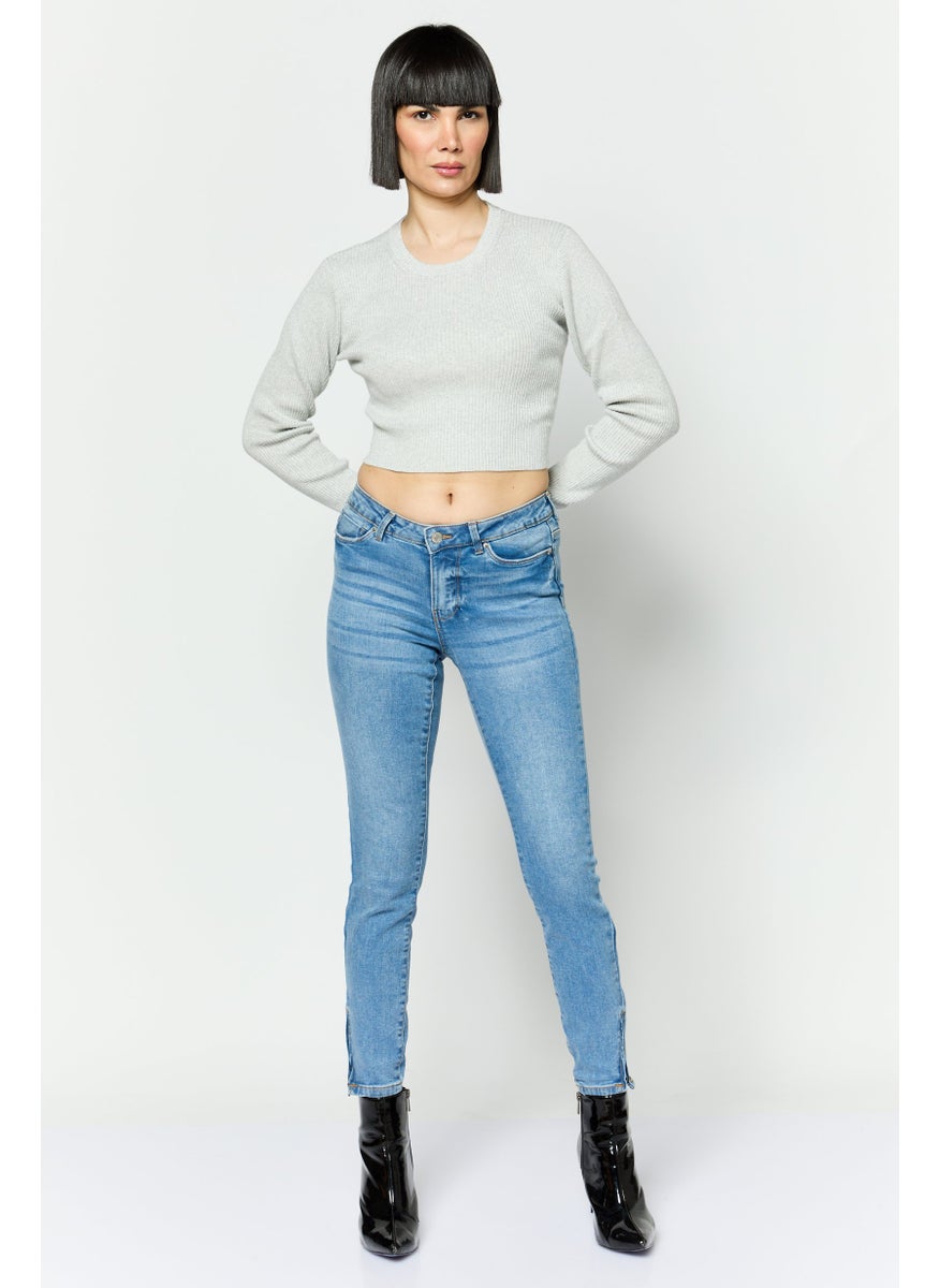 ESPRIT Women Round Neck Ribbed Crop Sweater, Grey  - Image 2
