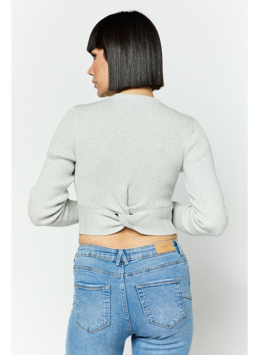 ESPRIT Women Round Neck Ribbed Crop Sweater, Grey  - Image 3