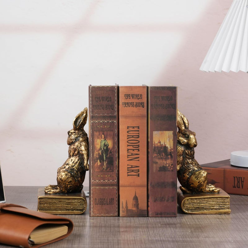 Mervkis Book Ends for Shelves to Hold Books Hevay Duty,Decorative Bookends for Bookshelf DÃ©cor,Cute Animal Rabbit Book Stopper Easter Bunny Statues for Home, Office Desk, Living Room Decoration,1 Pair (Gold) - Image 3