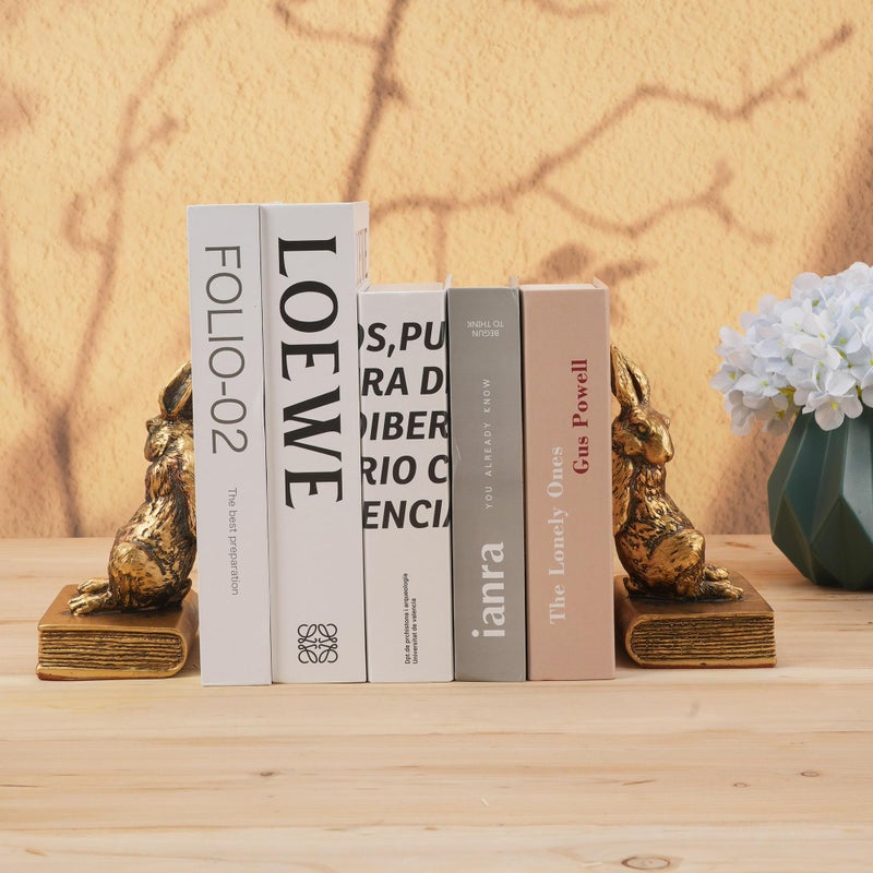 Mervkis Book Ends for Shelves to Hold Books Hevay Duty,Decorative Bookends for Bookshelf DÃ©cor,Cute Animal Rabbit Book Stopper Easter Bunny Statues for Home, Office Desk, Living Room Decoration,1 Pair (Gold) - Image 2