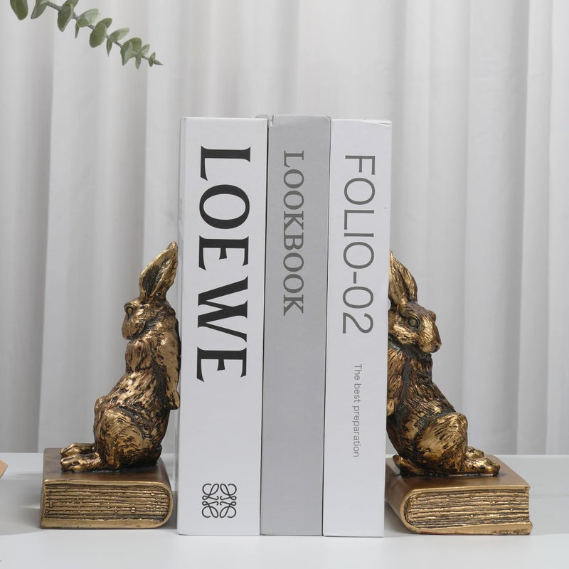 Mervkis Book Ends for Shelves to Hold Books Hevay Duty,Decorative Bookends for Bookshelf DÃ©cor,Cute Animal Rabbit Book Stopper Easter Bunny Statues for Home, Office Desk, Living Room Decoration,1 Pair (Gold) - Image 5