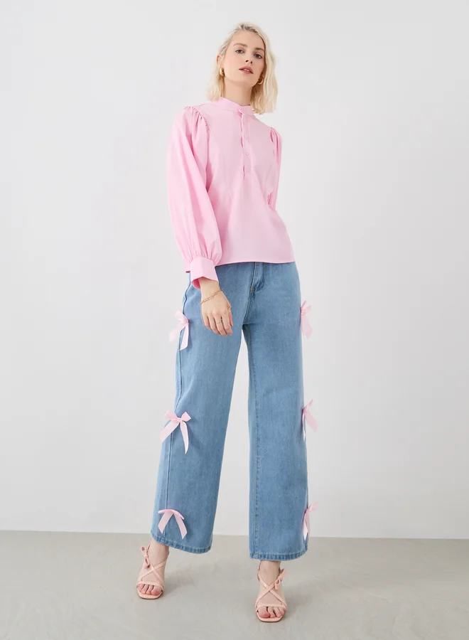 تايك تو Take Two Solid Balloon Sleeve Buttoned Blouse