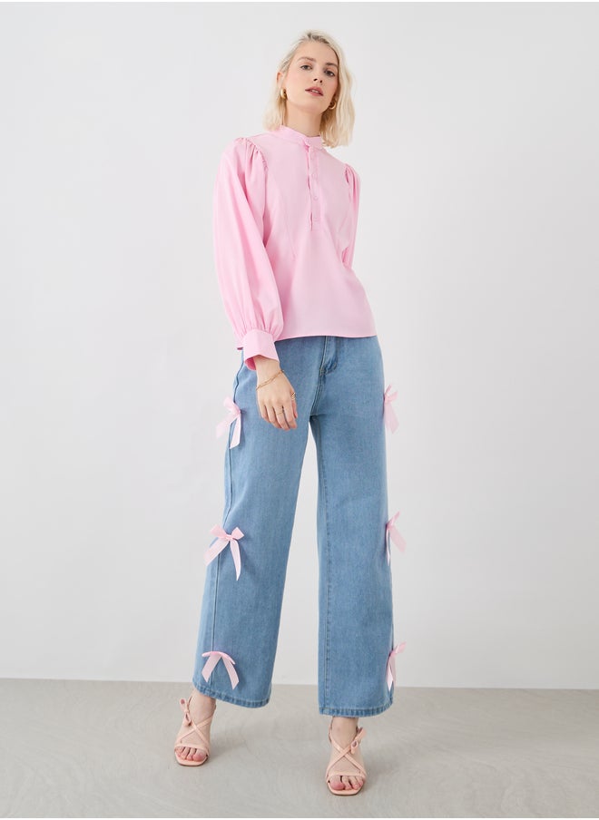 Take Two Take Two Solid Balloon Sleeve Buttoned Blouse  - Image 2