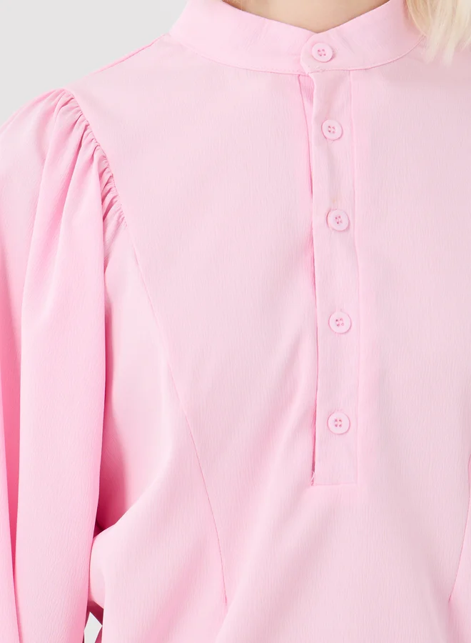 Take Two Take Two Solid Balloon Sleeve Buttoned Blouse