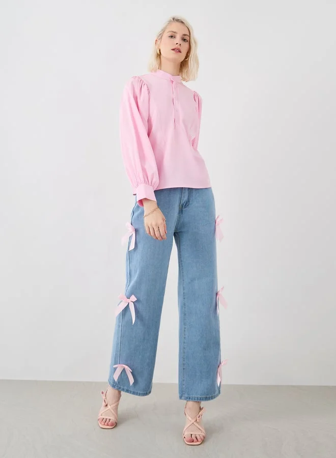 Take Two Solid Balloon Sleeve Buttoned Blouse