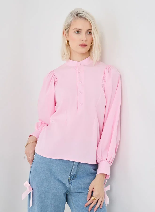 Take Two Solid Balloon Sleeve Buttoned Blouse
