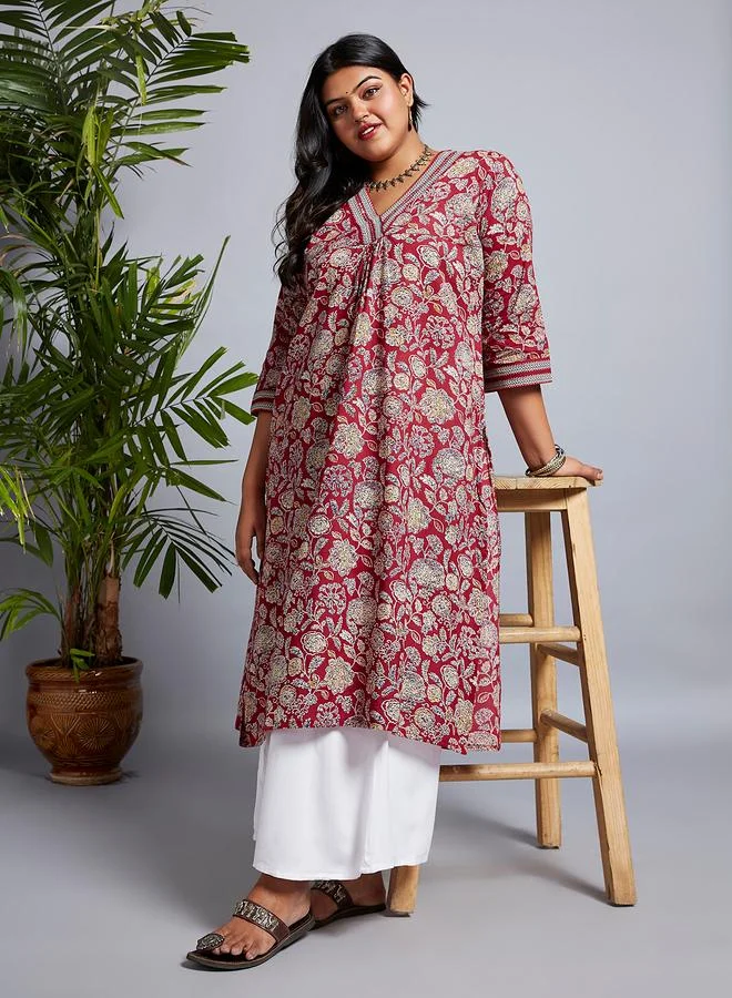 globus Globus Plus Size Maroon Floral Print Workwear Kurta
