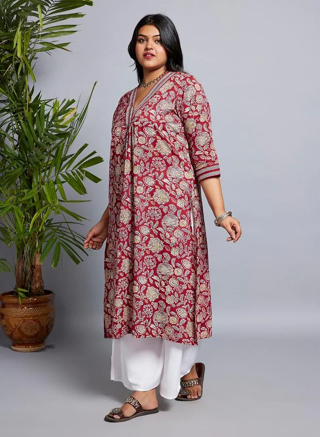 globus Globus Plus Size Maroon Floral Print Workwear Kurta