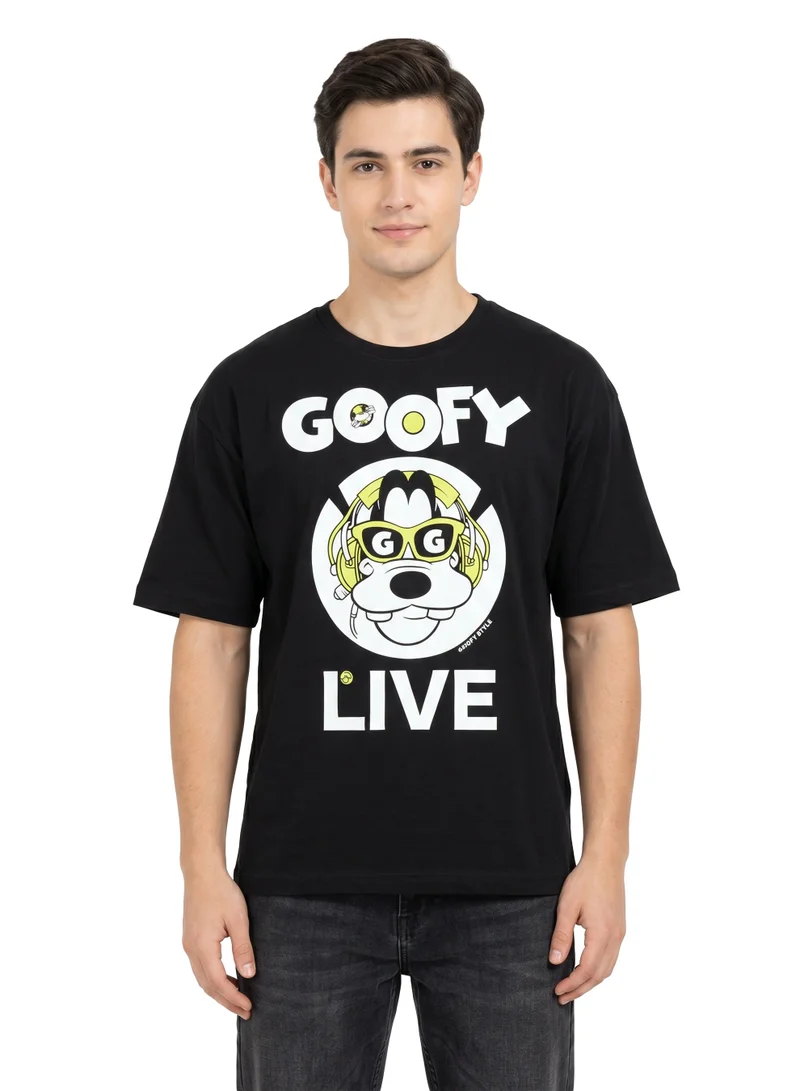 ديزني Disney Goofy Live Graphic Oversized T-Shirt for Men | Character Print Casual Crew Neck Tee