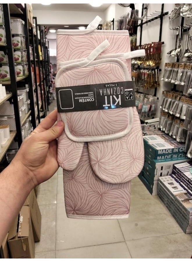 طقم مجفف مطبخ، 3 قطع، يشمل قفازًا وحامل صينية ومفرش تجفيف، خامة سريعة الجفاف، باللون الوردي. - Image 2