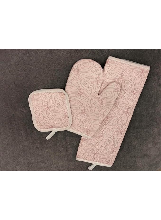 طقم مجفف مطبخ، 3 قطع، يشمل قفازًا وحامل صينية ومفرش تجفيف، خامة سريعة الجفاف، باللون الوردي. - Image 3