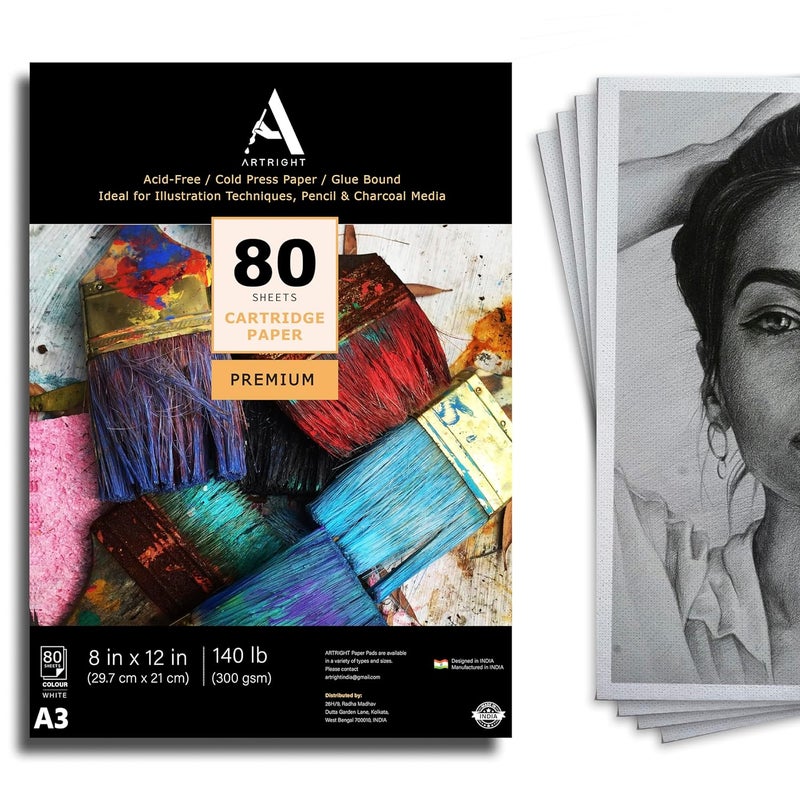 ArtRight Artists' Sketch Paper (A3 Pack of 80 Sheets, 300 GSM); Handmade Cartridge Mixed Media Sheets of 300GSM for Pencil, Charcoal and Ink Media - Image 1