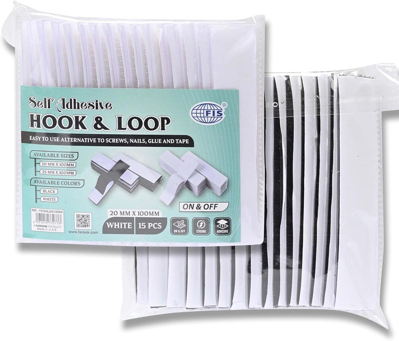 FIS Hook & Loop Tape Pads 20x100mm Rectangle, Black, Pack of 15 – Self Adhesive Fastener Strips for Home, School & Office - Image 4