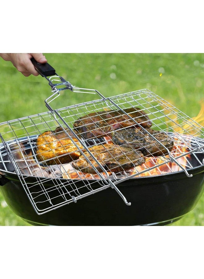 MT HEART™ Portable Barbecue BBQ Grill Net Basket Roast Grilling Tray Chromium Plated with Wooden Handle - Image 2