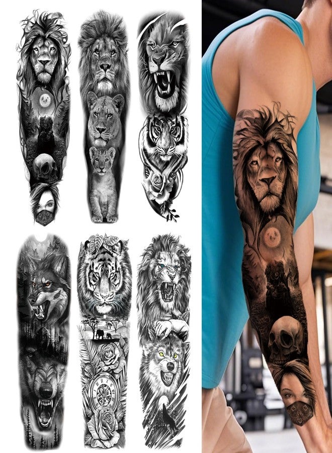 Kotbs 6 Sheets Black Temporary Tattoos - Lion, Tiger, Wolf & Skull Designs - Bold Tribal Sleeve Tattoos for Arms - Waterproof Fake Tattoos for Adults, Men & Women - Image 1