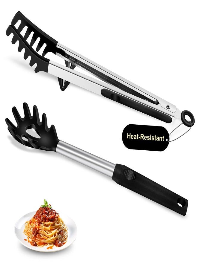 Zattic Silicone Spaghetti Spoon and Pasta Tong, Heat-Resistant Noodle Spoon Server, 13“ BPA-Free Spaghetti Strainer, Fork with Teeth and Stainless Steel Handle, Food-Grade Clip for Pasta, Black - Image 1