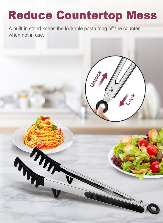 Zattic Silicone Spaghetti Spoon and Pasta Tong, Heat-Resistant Noodle Spoon Server, 13“ BPA-Free Spaghetti Strainer, Fork with Teeth and Stainless Steel Handle, Food-Grade Clip for Pasta, Black - Image 3